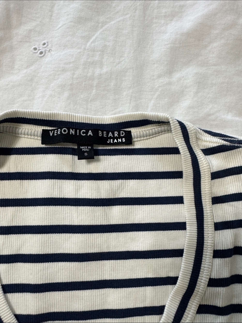 Veronica Beard Navy and White Striped Scoop Neck Short Puffy Sleeve Top - Picture 2 of 4